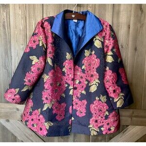 GRACE CHUANG New York Navy Pink Gold Glitter Emroidered Brocade Floral Blazer XL